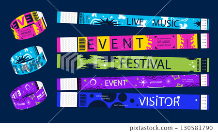 Y2k event party bracelet design. Retro modern pass ticket set for nightclubs entrance access. Colourful vibrant identification wristbands for night show performance visitor entry. Vector illustration. 130581790