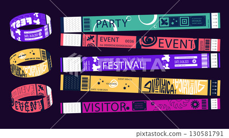 Y2k event party bracelet design. Retro modern pass ticket set for nightclubs entrance access. Identification visitor wristbands for night show entry, security check guest ribbons. Vector illustration. 130581791
