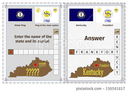 Geography of the USA for children. Question and answer. Flags, names, outline of the state and capital of Kentucky. Crossword illustration. 130581817