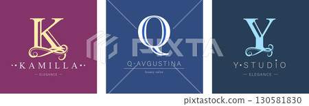 Logo K, capital letter Q, Y. Monogram of Botanical Minimalistic, Initial. with Organic Plant Elements. Logo K, capital letter Q, Y. Monogram of Botanical Minimalistic, Initial. with Organic Plant Elements. 130581830