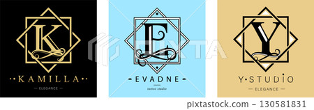 Logo E, K, capital letter Y. Monogram of Botanical in two squares. with Organic Plant Elements. Vector design. 130581831