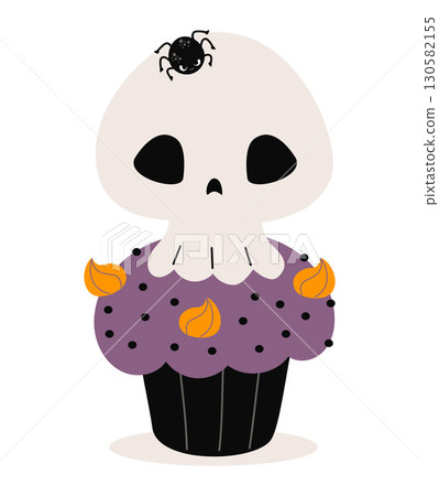 Sweet Halloween. Creepy cupcake topped with skull, purple frosting, orange decorations, and cute spider. Vector illustration. Not AI Sweet Halloween. Creepy cupcake topped with skull, purple frosting, orange decorations, and cute spider. Vector illustration. Not AI 130582155
