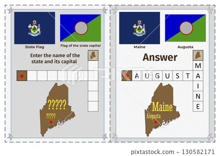 Geography of the USA for children. Question and answer. Flags, names, outline of the state and capital of Maine. Crossword illustration. 130582171