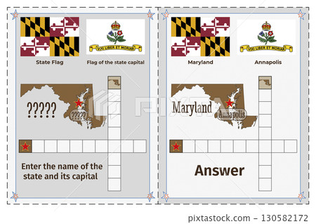 Geography of the USA for children. Question and answer. Flags, names, outline of the state and capital of Maryland. Crossword illustration. Geography of the USA for children. Question and answer. Flags, names, outline of the state and capital of Maryland. Crossword illustration. 130582172