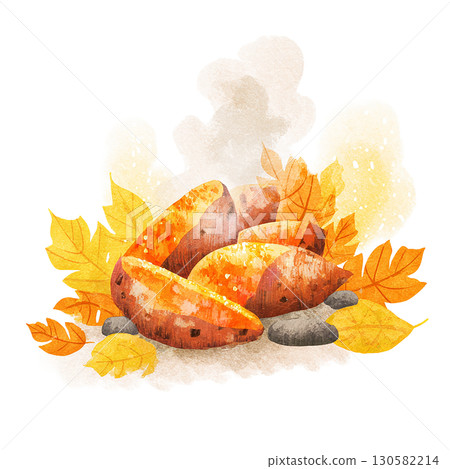 地瓜與落葉的水彩插畫 秋天的食材、烤地瓜素材 130582214