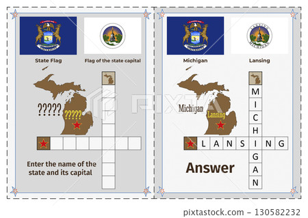 Geography of the USA for children. Question and answer. Flags, names, outline of the state and capital of Michigan. Crossword illustration. 130582232