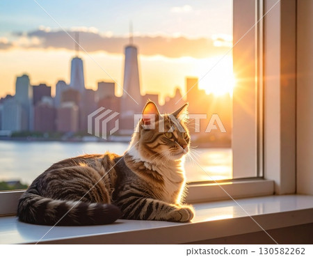 A tabby cat rests peacefully on a windowsill, basking in the soft sunlight. Outside, the skyline of a distant City is visible against a vibrant sunset sky and water. A tabby cat rests peacefully on a windowsill, basking in the soft sunlight. Outside, the skyline of a distant City is visible against a vibrant sunset sky and water. 130582262