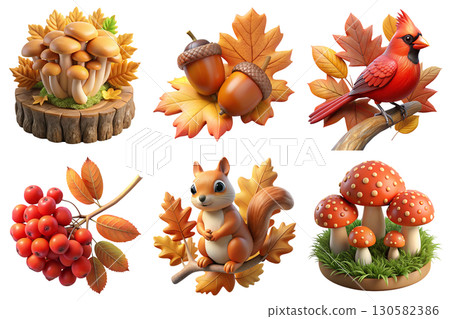 Set of 3d cartoon autumnal icons with mushrooms, acorns, and squirrel, fall wildlife in playful style 130582386