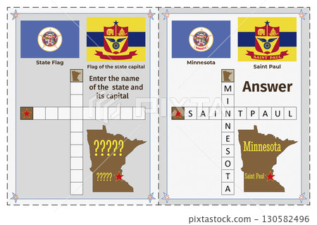 Geography of the USA for children. Question and answer. Flags, names, outline of the state and capital of Minnesota. Crossword illustration. Geography of the USA for children. Question and answer. Flags, names, outline of the state and capital of Minnesota. Crossword illustration. 130582496