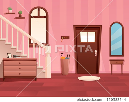 Modern home hallway interior. Country house inside, private property. Entrance wooden door, carpet, chest of drawers, nightstand, umbrella holder sapid vector scene 130582544