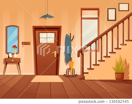 Cartoon hallway interior. House or apartment entrance, hall with wooden door, clothes hanger, mirror and stairway. Cozy space sapid vector scene 130582545