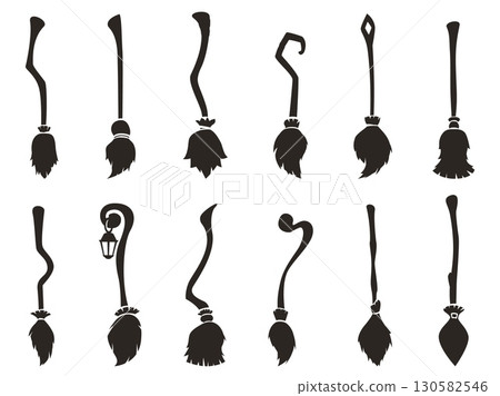 Black brooms silhouettes. Witch accessories for flight, magic transportation vehicle. Halloween silhouette stickers, broom sapid vector set Black brooms silhouettes. Witch accessories for flight, magic transportation vehicle. Halloween silhouette stickers, broom sapid vector set 130582546