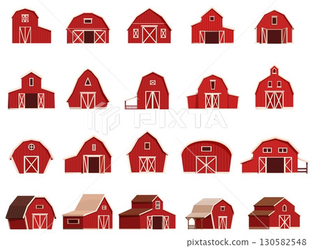 Farm red barns. Countryside wooden barn icons, classic rural architecture buildings. Farming houses, agriculture constructions sapid vector clipart 130582548