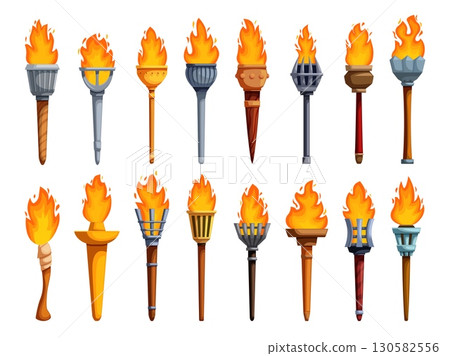 Cartoon torch game assets. Medieval wooden metal stone sticks with burning flames. Ancient design torchlights with fire, sapid vector icons 130582556
