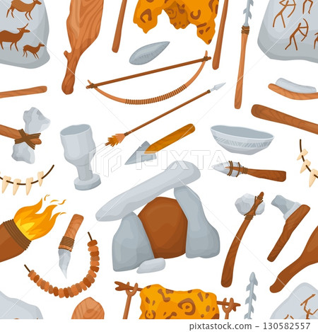 Stone age tools seamless pattern. Stone bowls and cup, fire torch axe wooden club, arrows. Decorative cartoon primitive elements, neoteric vector print 130582557