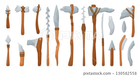 Stone age hunting elements. Primitive crafting and life tools. Axes, hammerstone, arrowhead fishing hook. Primal stones equipment neoteric vector set 130582558