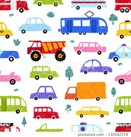 Hand drawn children cars seamless pattern. Simple autos design, crayon pencil or chalk drawing vehicle. Car truck tram, fabric print neoteric vector template Hand drawn children cars seamless pattern. Simple autos design, crayon pencil or chalk drawing vehicle. Car truck tram, fabric print neoteric vector template 130582559