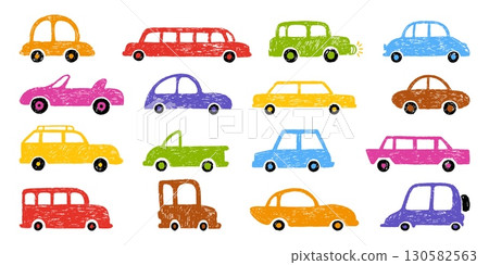 Children crayon drawing cars. Colorful car different design draw with pastel pencil. Textured vehicle elements, transportation, kids decor neoteric vector set 130582563