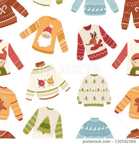 Winter warm knitted sweaters seamless pattern. Christmas sweater design with santa elf deer xmas tree. Holidays print template, vector background Winter warm knitted sweaters seamless pattern. Christmas sweater design with santa elf deer xmas tree. Holidays print template, vector background 130582569
