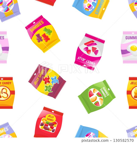 Plastic packs of jelly candies. Vending machines goods, sweet juicy snacks for adults and children. Different packaging of gummy, vector background Plastic packs of jelly candies. Vending machines goods, sweet juicy snacks for adults and children. Different packaging of gummy, vector background 130582570