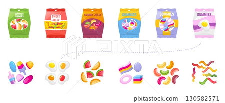 Match correct packaging and candies. Sweets juicy gummies and jellies. Different gummy worms fruits ice cream and eggs forms. Children vector game template 130582571