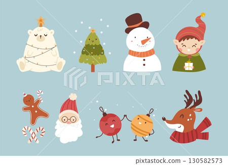 Doodle christmas funny elements. Santa, snowman, cute elf and polar bear with star. Xmas tree decorations, gingerbread and deer in scarf, vector set 130582573