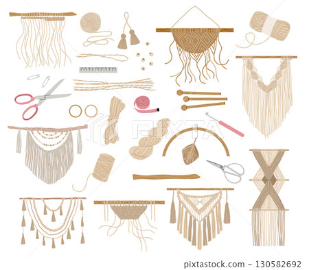 Macrame. Working tools for handmade crafting macrame from fibers and knots recent Vector workshop items collection Macrame. Working tools for handmade crafting macrame from fibers and knots recent Vector workshop items collection 130582692