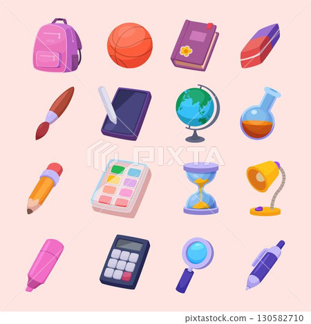 Stationary. School or university items for students books pencil notes backpack globe exact vector cartoon set isolated 130582710