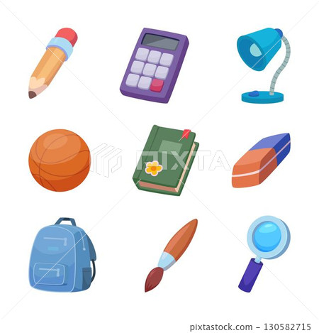 School items. Books students supplies tools backpack notes exact vector stationary set School items. Books students supplies tools backpack notes exact vector stationary set 130582715