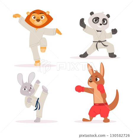 Martial arts animals. Dynamic action poses of different cute animal fighters in special sport uniform exact vector template set Martial arts animals. Dynamic action poses of different cute animal fighters in special sport uniform exact vector template set 130582726