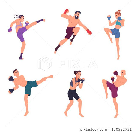 MMA fighters. Mixed martial arts fighters male and female characters in action poses exact vector cartoon illustrations 130582731