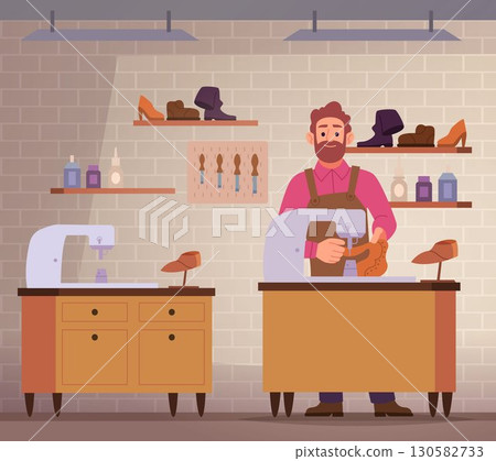 Shoemaker. male character in workshop. vector cartoon interior 130582733