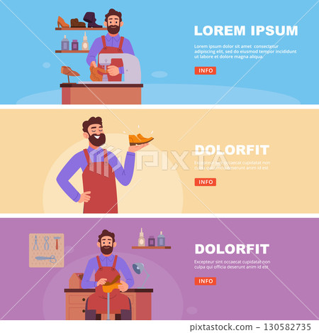 Shoemaker. banners with working character in shoemaker workshop. vector print design templates 130582735