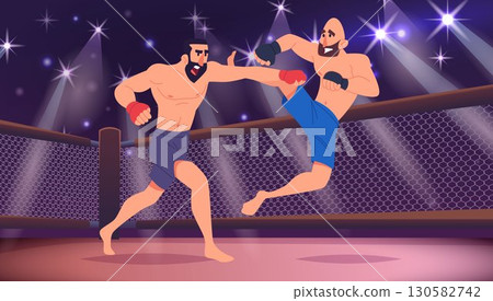 MMA fighters. aggressive sport characters leg punch on arena martial arts fighters 130582742