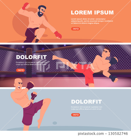Martial arts fighters. aggressive sport characters male in action poses leg and fist punch. vector banners 130582746