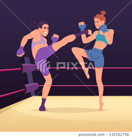 Female mma. sport arena woman fighters of mixed martial arts. vector cartoon background Female mma. sport arena woman fighters of mixed martial arts. vector cartoon background 130582748