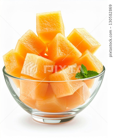 Cubed Cantaloupe in Glass Bowl on White Background 130582869