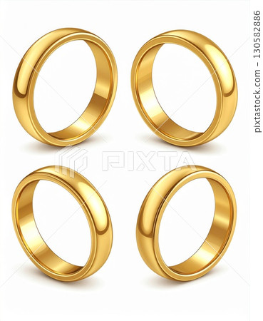 Four Gold Wedding Rings on White Background 130582886