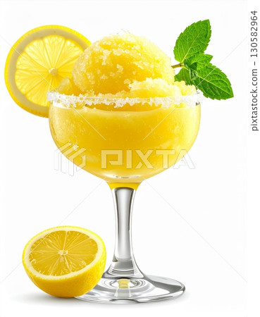 Yellow Lemon Granita in a Glass with Mint Garnish Yellow Lemon Granita in a Glass with Mint Garnish 130582964