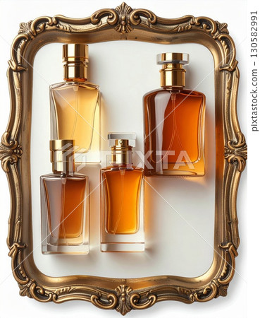 Amber Perfume Bottles in Gold Frame on White 130582991