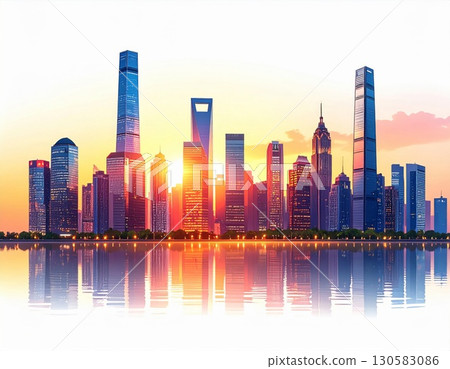Vibrant City Skyline at Sunrise with Water Reflection 130583086