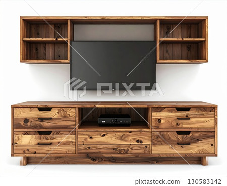 Rustic Wooden Media Console with Wall Unit and Drawers 130583142