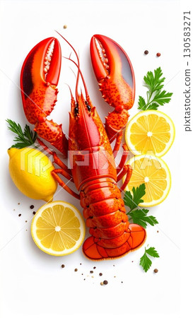 Red Lobster with Lemon and Parsley on White Background Red Lobster with Lemon and Parsley on White Background 130583271