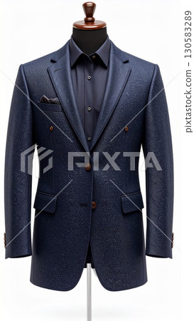 Navy Blue Textured Suit Jacket on Mannequin 130583289