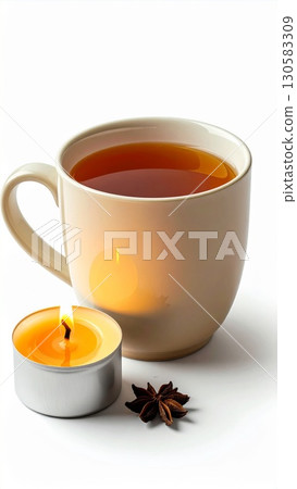 Warm Beige Mug of Tea with Candle and Star Anise 130583309