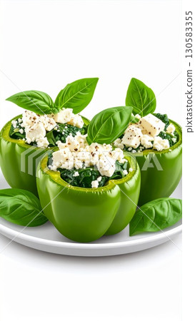 Green Peppers Stuffed with Spinach and Feta Cheese 130583355