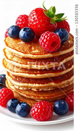 Stack of Golden Brown Pancakes Topped with Fresh Berries Stack of Golden Brown Pancakes Topped with Fresh Berries 130583356