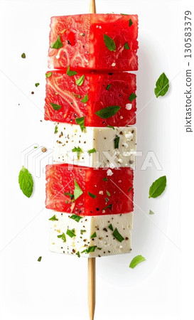 Watermelon and Feta Skewers with Mint 130583379