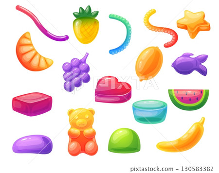 Cartoon jelly candies. Sweet gummies, fruit juice gummy different shapes. Candy pineapple worms heart fish bear banana, nowaday vector set 130583382