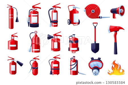 Fire protection equipment. Safety flame tools, rubber hose, shovel, protection mask, megaphone and different red extinguishers, nowaday vector set 130583384